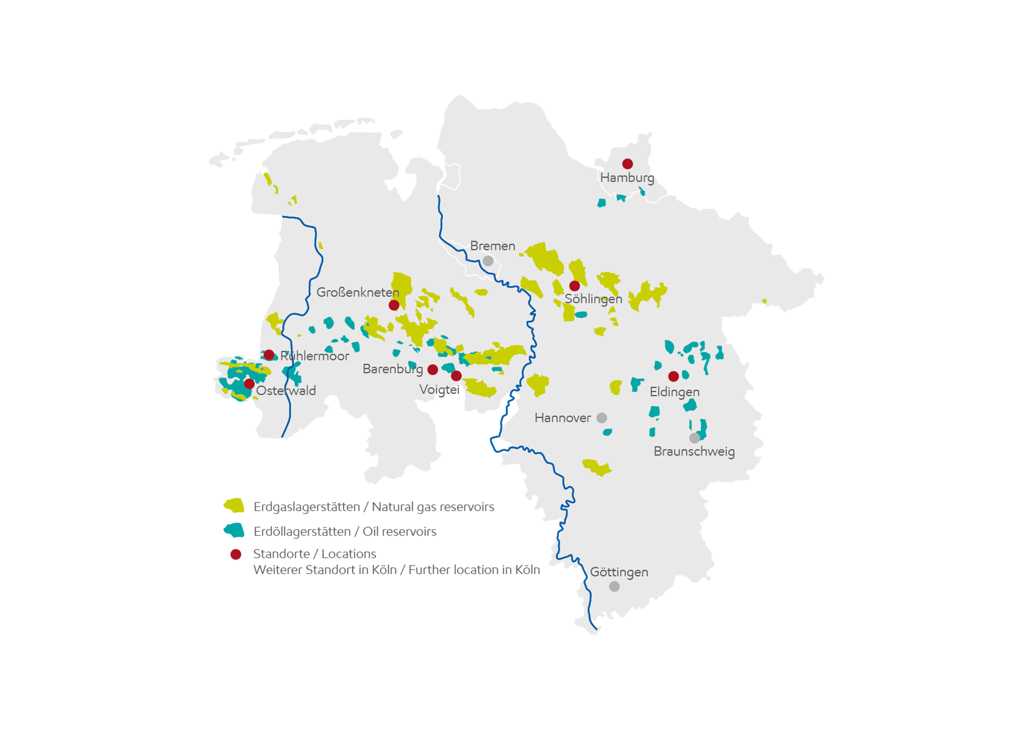 Eine Landkarte Niedersachsens, auf der die Erölfelder und ExxonMobil Erdölbetriebe abgebildet sind.