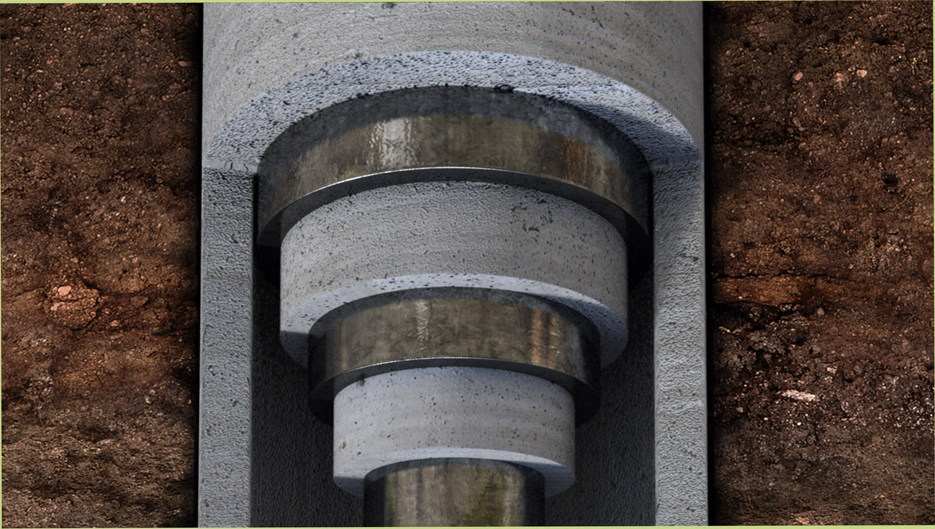 Der Querschnitt der Rohrtour zeigt die Zementierung der äußeren Hülle des Bohrlochs sowie die Zementfüllungen der inneren Ringräume.